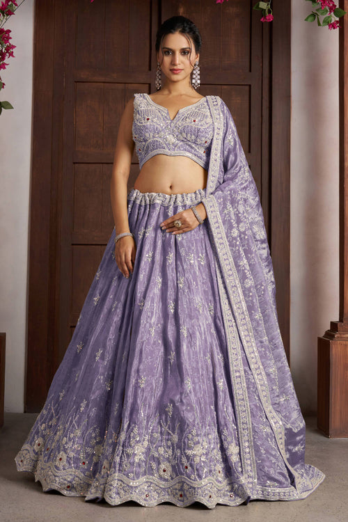 Luxury Purple Tissue Sangeet Function Lehenga Choli