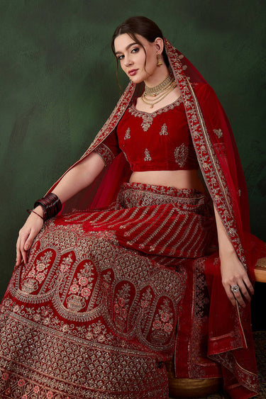 Red Royal Velvet Embroidered Semi Stitched Bridal Lehenga Choli