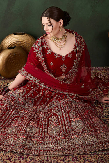 Royal Embroidered Velvet Bridal Maroon Lehenga Choli