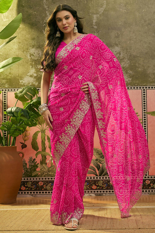 Heritage Bandhani Magenta Gota Patti Designer Georgette Saree