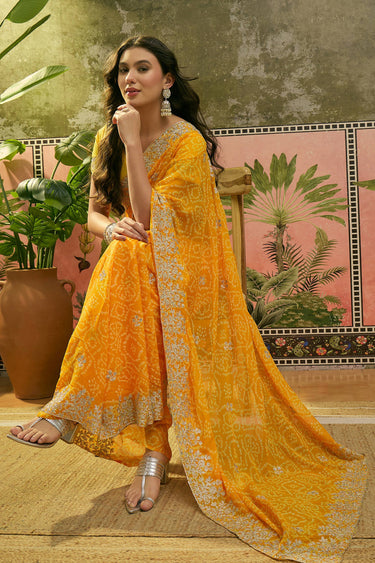 Regal Yellow Gota Patti Bandhani Casual Saree