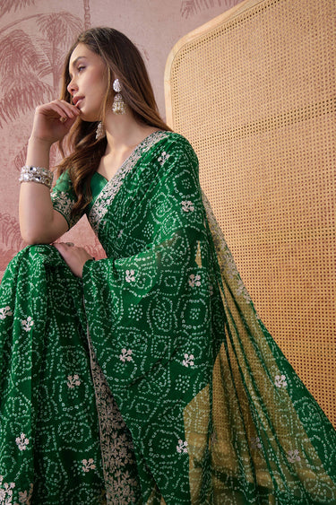 Royal Green Gota Patti Georgette Bandhej Saree