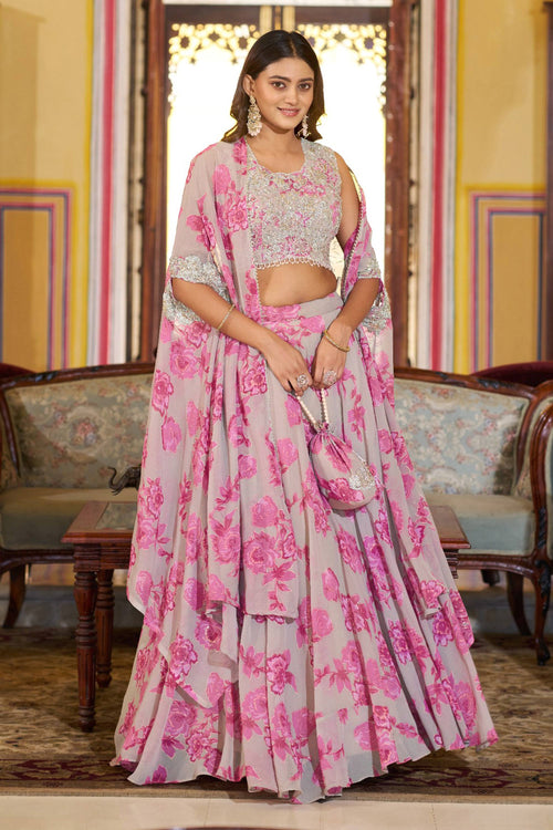 Women's Floral Printed Georgette Designer Readymade Lehenga Choli Cape Style Dupatta