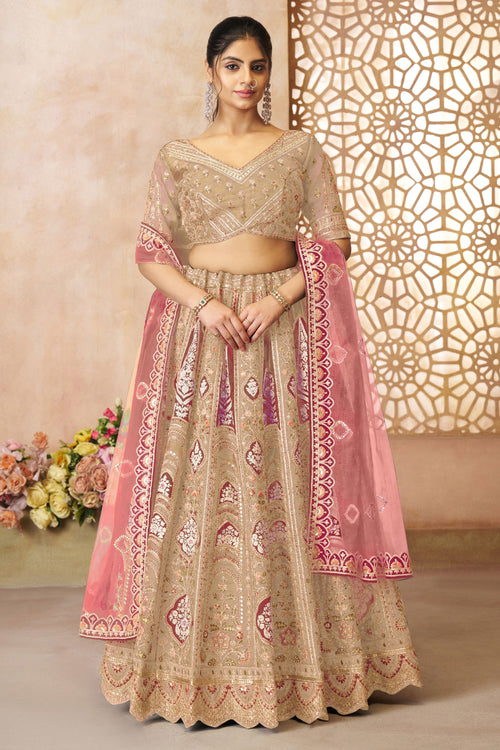 Beige Designer 3 Piece Lehenga Choli In Banarasi Silk Fabric