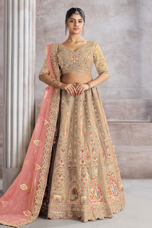 Occasion Wear Lehenga Choli In Beige Banarasi Silk Fabric