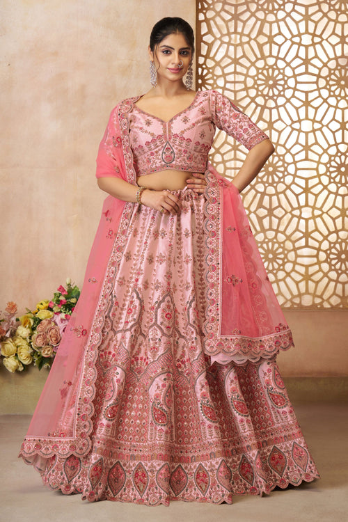 Pink Silk Fabric Wedding Wear Lehenga Choli
