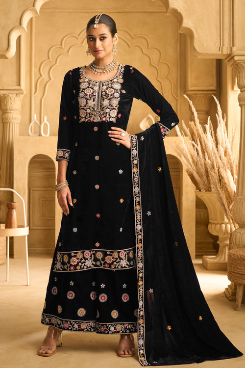 Black Color Velvet Embroidered Salwar Kameez