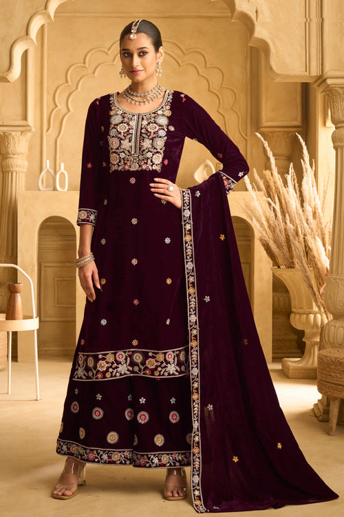 Wine Embroidered Velvet Palazzo Salwar Kameez