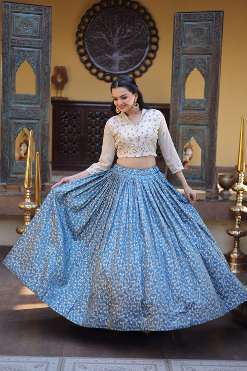 Weaving Work Sky Blue Art Silk Readymade Skirt With Crop Top