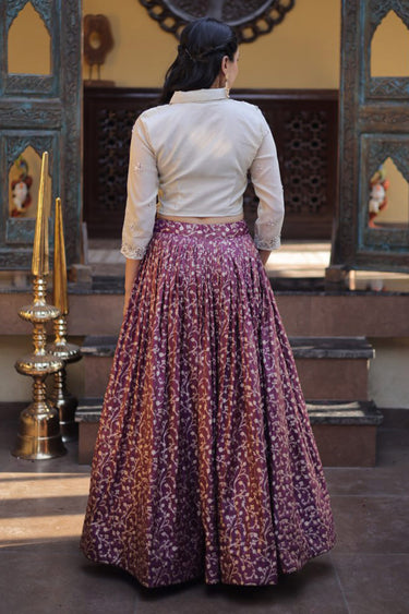 Purple Weaving Work Art Silk Readymade Skirt With Crop Top