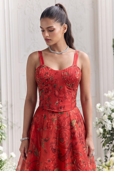 Digital Print Organza Red Skirt With Readymade Corset Top