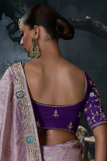 Ethnic Lavender Soft Organza Tissue Silk Lace Work Saree