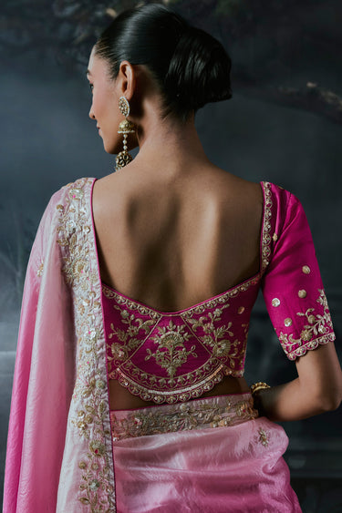 Exquisite Pink Fancy Organza Tissue Silk Party Wear Saree