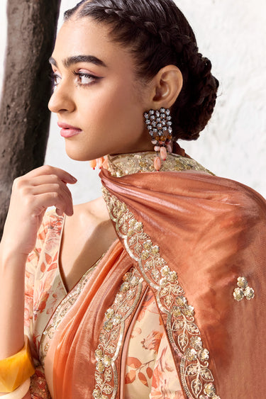 Lace Work Orange Organza Silk Saree