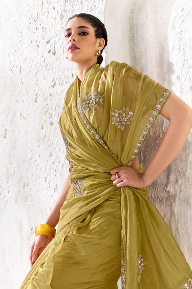 Designer Lace Work Olive Organza Silk Saree