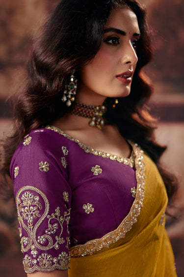 Organza Mustard Lace Border Work Saree