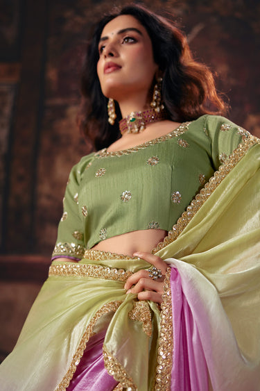 Womens Satin Heavy Lace Border Work Pink Saree With Unstitched Blouse