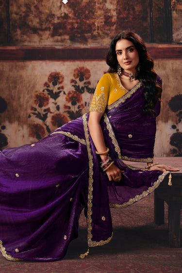 Satin Heavy Lace Border Work Designer Purple Saree