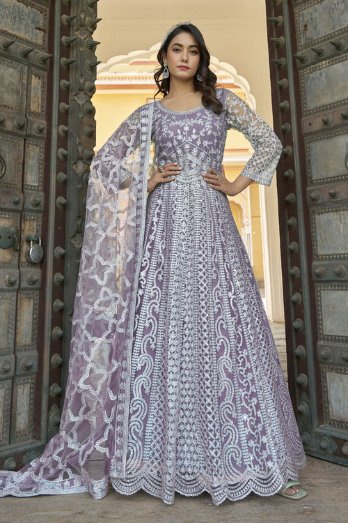 Lavender Net Party Wear Readymade Anarkali Style Gown With Dupatta