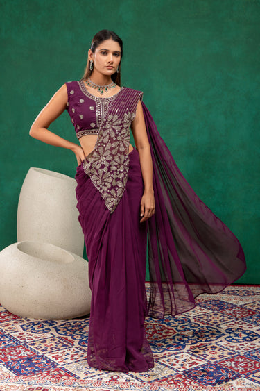 Premium Georgette Sequins Work Embroidered Pre Stitched Sarees With Jacket