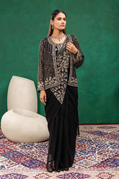 Womens Designer Sequins Embroidered One Minute Saree With Full Sleeve Jacket