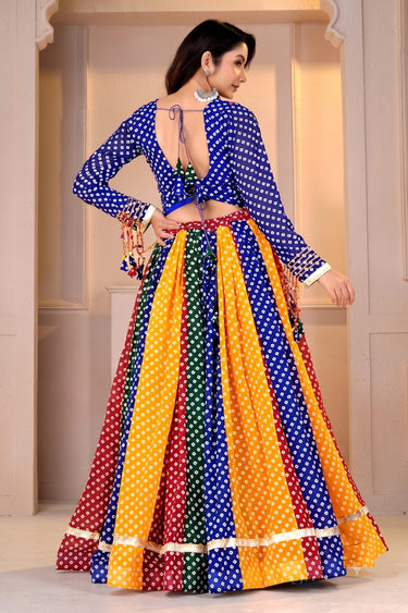 Designer Bandhej Print Chaniya Choli With Embroidered Peacock Motif