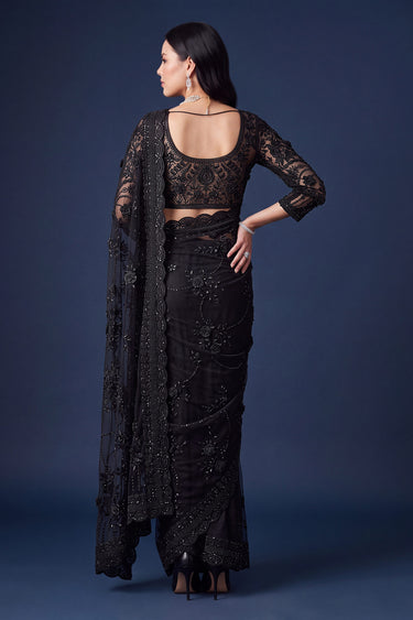 Black Wedding Wear Net Saree With Unstitched Blouse