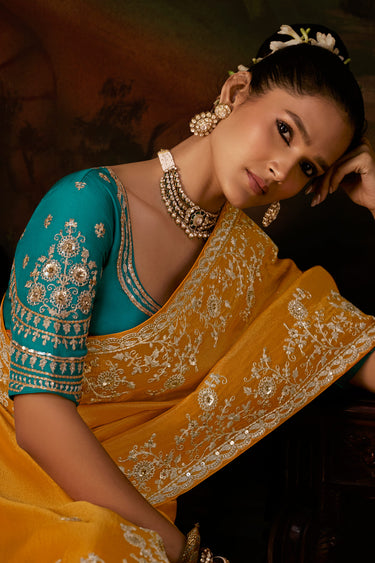 Heritage Mustard Viscose Wedding Saree With Silk Blouse