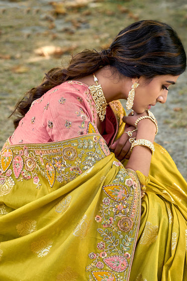 Classic Fancy Tissue Silk Heavy Embroidered Bridal Saree With Raw Silk Blouse