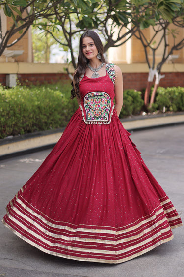 Classic Maroon Rayon Gamthi Mirror Work Festive Wear Lehenga Choli