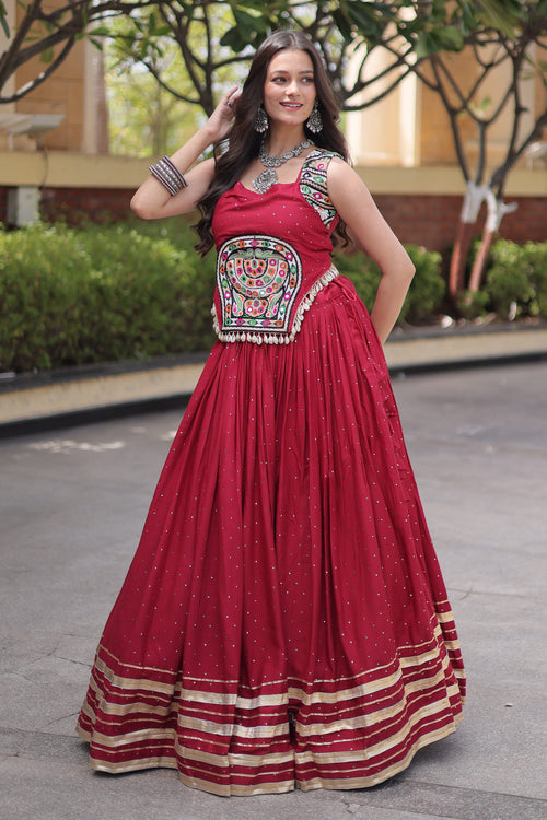 Classic Maroon Rayon Gamthi Mirror Work Festive Wear Lehenga Choli