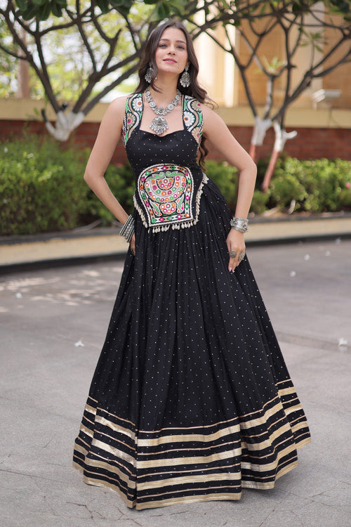 Heritage Black Rayon Gamthi Mirror Work Festive Wear Chaniya Choli