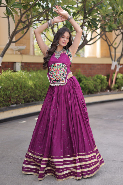 Elegant Purple Rayon Ethnic Gamthi Mirror Work Lehenga Choli