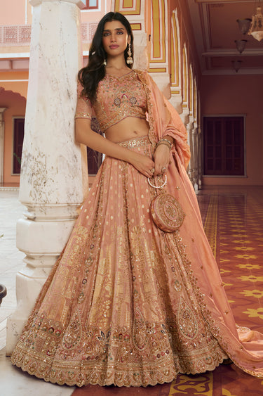 Royal Peach Premium Banarasi Silk Zari Embroidered Bridal Lehenga Choli With Dupatta