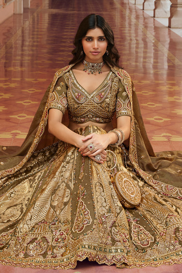 Olive Premium Banarasi Silk Heavy Zari Embroidered Bridal Lehenga Choli