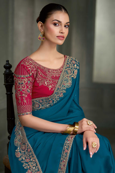 Embroidered Lace Border Crepe Silk  Teal Saree With Unstitched Contrast Blouse
