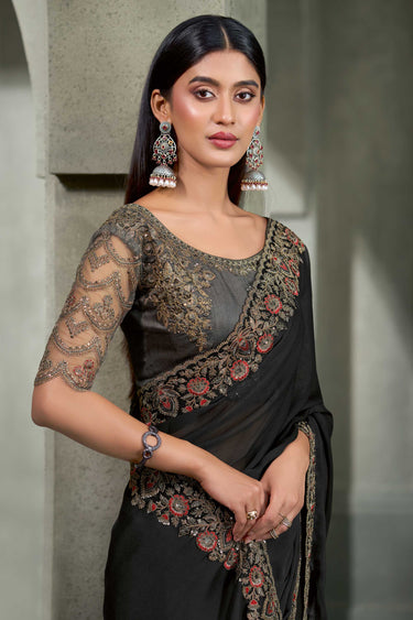 Rani Chiffon Elegant Embroidered Lace Work Saree With Contrast Blouse