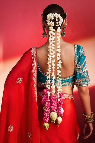 Emerald Red Art Silk Saree With Embroidered Blouse