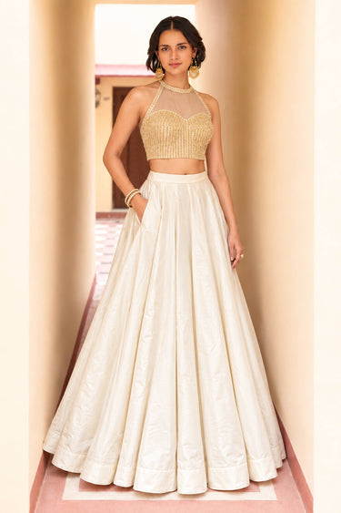 Sequins Work White Function Wear Corset Top With Lehenga