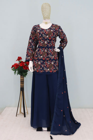 Navy Blue Embroidered Chinon Designer Readymade Palazzo Salwar Suit