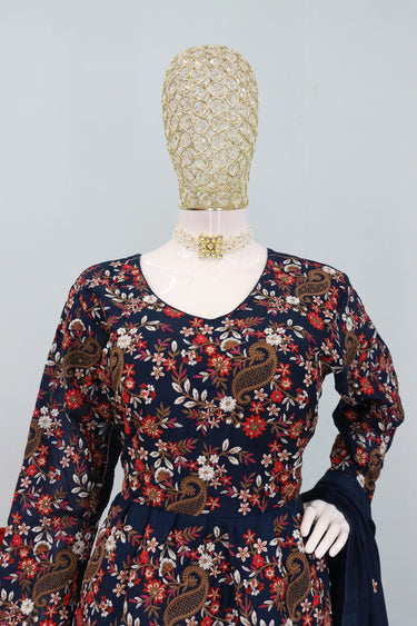 Navy Blue Embroidered Chinon Designer Readymade Palazzo Salwar Suit
