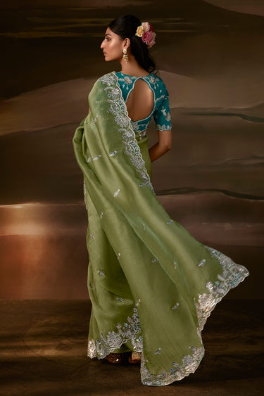 Elegant Sea Green Zari Organza Embroidered Lace Border Saree