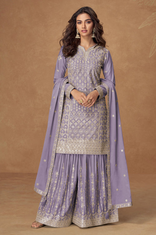 Chinon Silk Lavender Color Embroidered Readymade Palazzo Dress