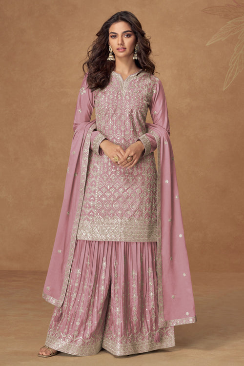 Peach Color Chinon Silk Embroidered Readymade Palazzo Salwar Kameez