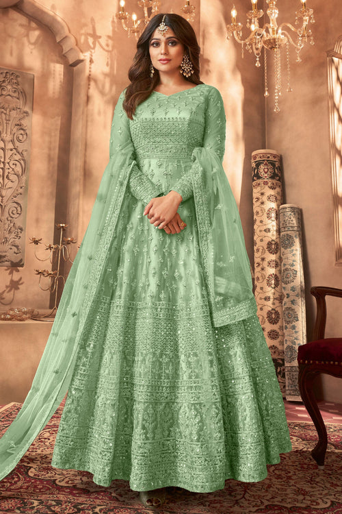 Shamita Shetty Sea Green Net Floor Length Anarkali Suit