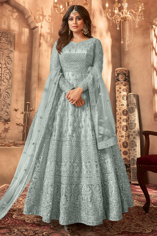 Shamita Shetty Grey Net Party Wear Anarkali Suit