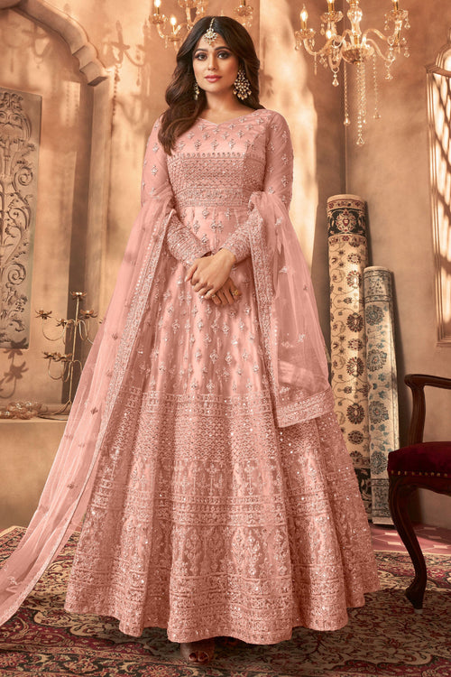 Shamita Shetty Peach Embroidered Net Anarkali Salwar Kameez