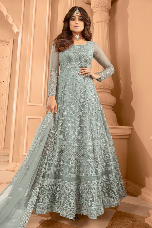 Shamita Shetty Grey Net Anarkali Suit With Dupatta