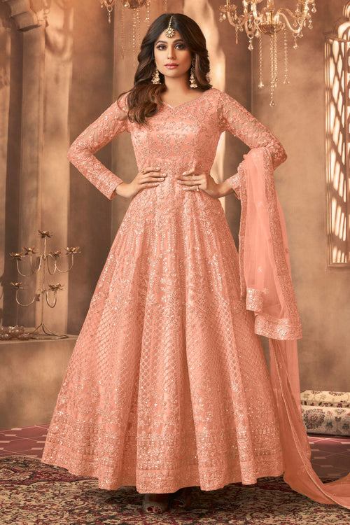Shamita Shetty Peach Net Embroidered Floor Length Anarkali Salwar Suit