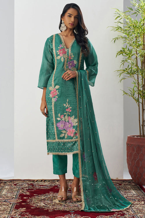 Fancy Fabric Teal Embroidered Readymade Designer Salwar Suit